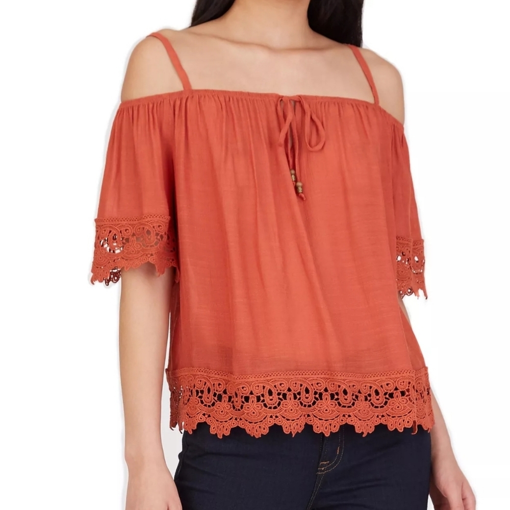 BCX Rustic Orange Crochet Lace Boho Cold Shoulder Top Small Festival Blouse